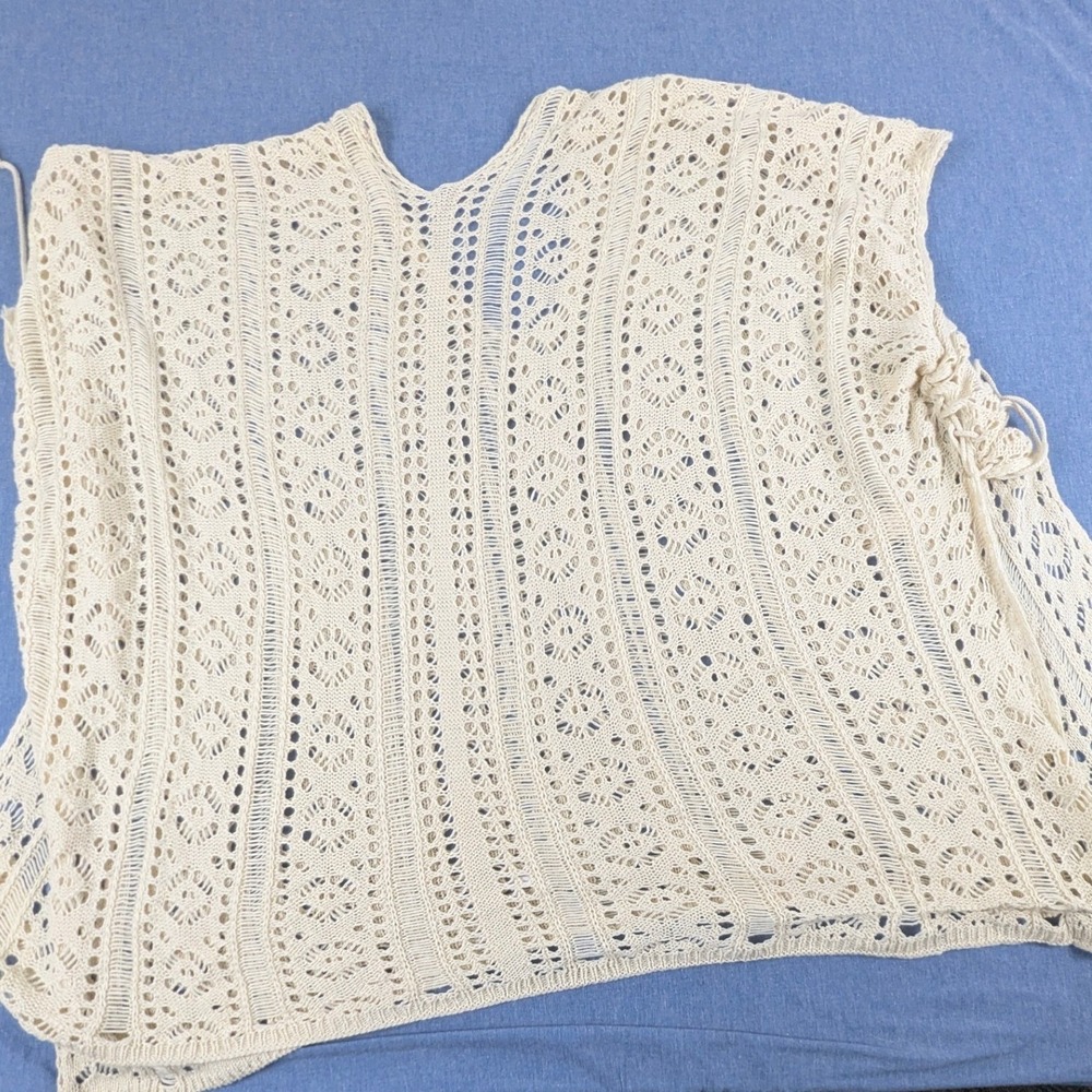 Cream Crochet Knit V-Neck Poncho Top with Side Tassel Ties One Size Boho - Picture 5 of 11